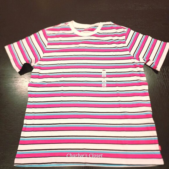 Levi's Women's Relaxed Fit Pink/Blue Striped Preppy Layering T-Shirt Size‎ M NWT - Picture 1 of 5
